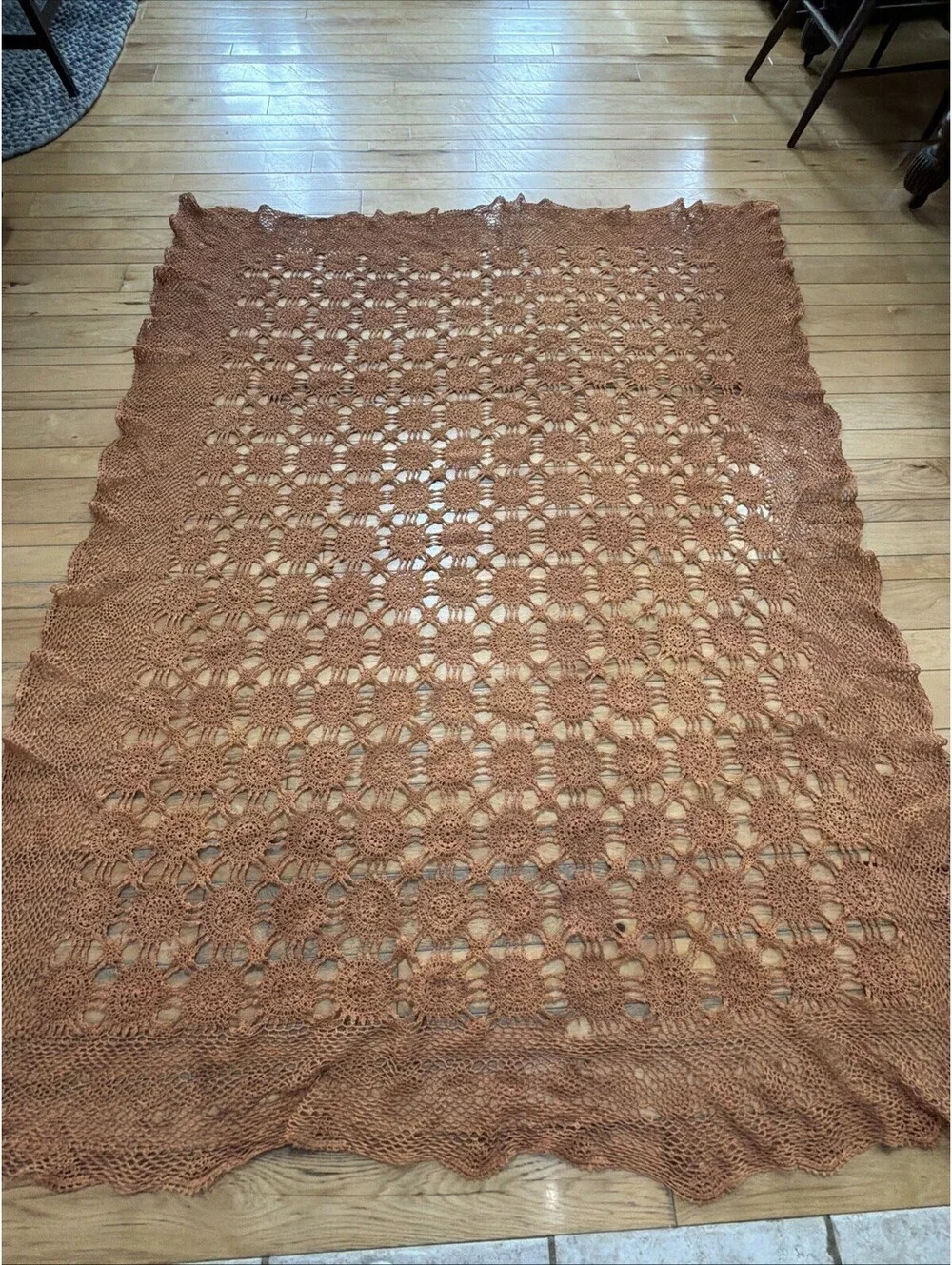 Vtg Handmade Crochet Lace Tablecloth Sun Burnt Orange Fall Harvest 60x78” Boho